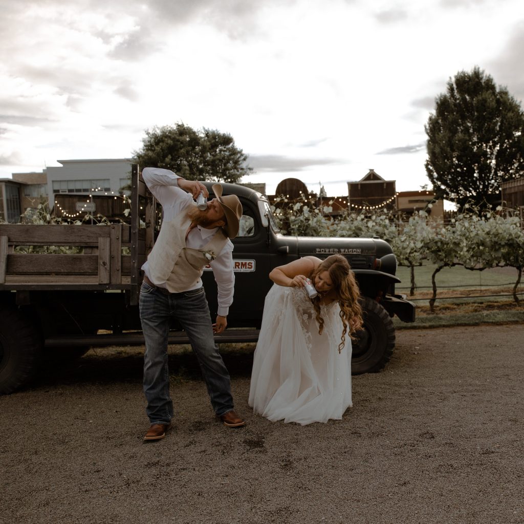 Bride & Groom Shot Gunning a Beer